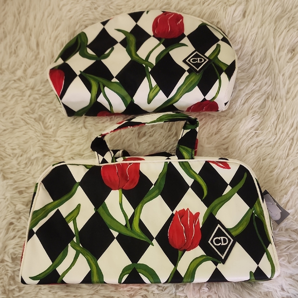 Dior Tulip Pattern Cosmetic Bag Set - Black, Red, Green Vintage